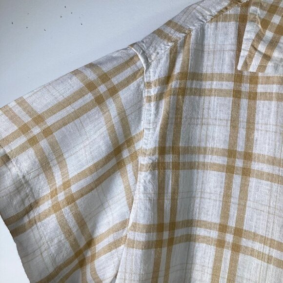 Womens American Eagle Short Sleeve Linen Blend Button Shirt White Tan Plaid M - Picture 3 of 6